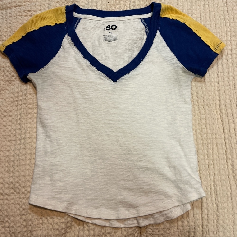 SO White Tee with Blue and Yellow Sleeves